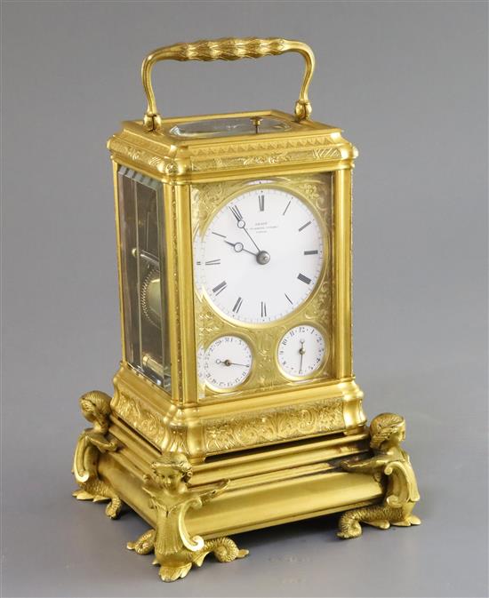 Grohe of London. A Victorian ormolu hour repeating calendar carriage clock, overall height 7.25in.